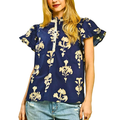 Umgee Shirt Blouse Navy Floral Split V-Neck Lace Trim Ruffle Short Sleeve Top