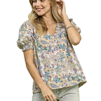 Umgee Shirt Blouse Paisley Floral Mix Print Button V-Neck Multicolor Casual Top