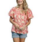 Umgee Hemdbluse Rot Blumenmuster Knopfleiste Rüschen Kurzarm Sommertop