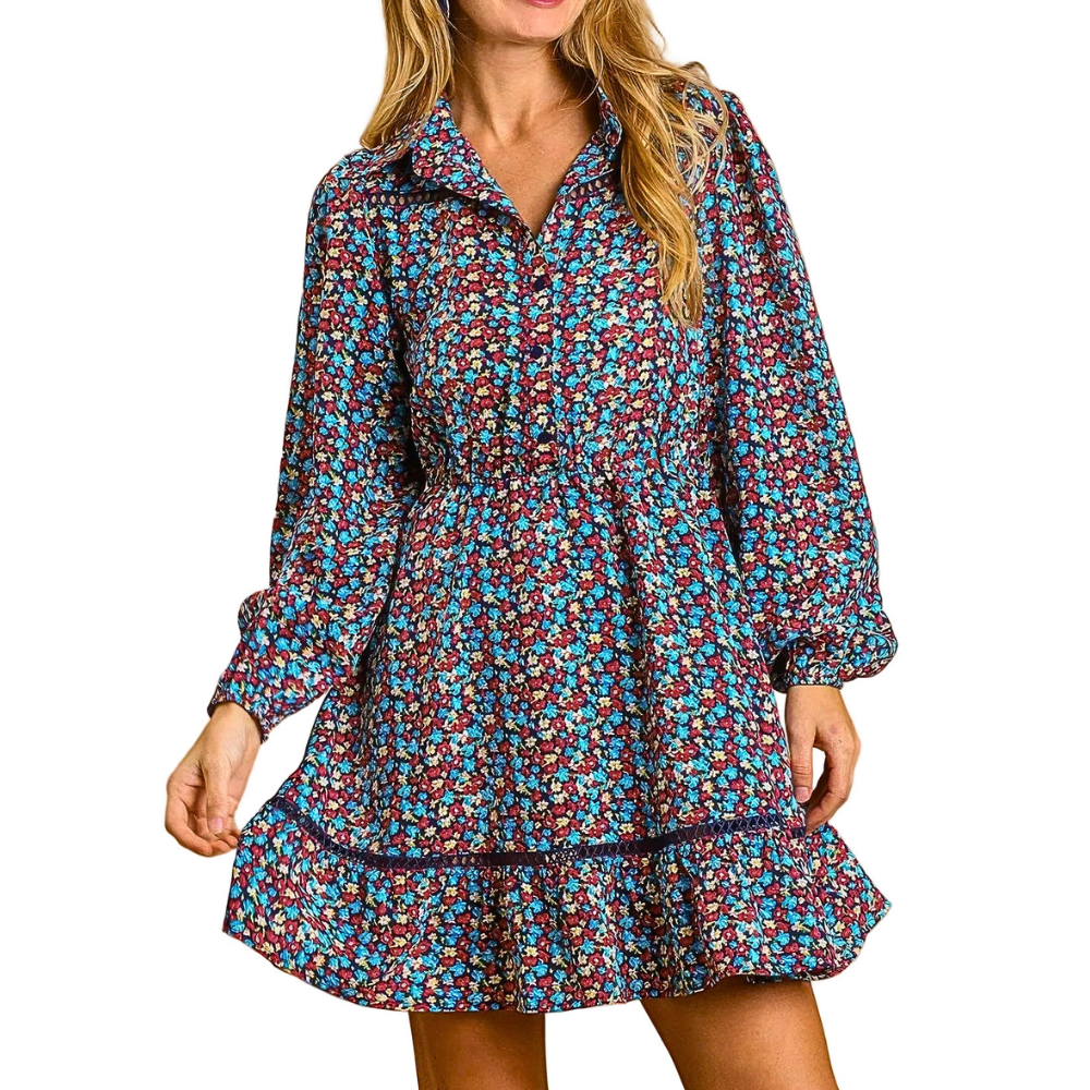 Umgee Shirt Dress Floral Collared Button-Down Crochet Trim Long Sleeve Ruffle Dress
