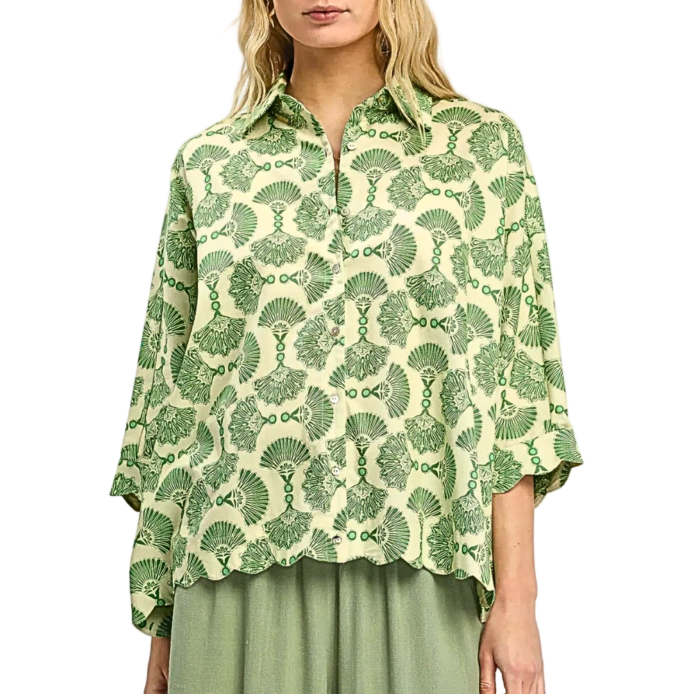 Umgee Shirt Green Floral Print Button-up 3/4 Sleeve Ruffle Edge Casual Cotton Top