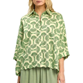 Umgee Shirt Green Floral Print Button-up 3/4 Sleeve Ruffle Edge Casual Cotton Top