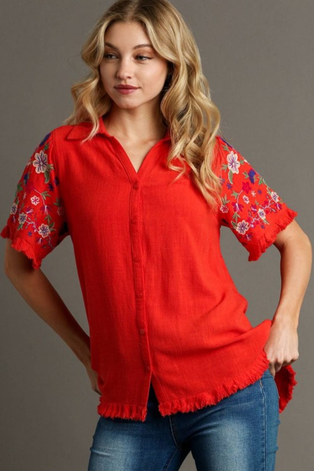 Umgee Shirt Linen Red with Embroidered Short Sleeves Raw Hem Top Red Umgee_Shirt_Linen_Red_with_Embroidered_Short_Sleeves_Raw_Hem_Top Trendsi