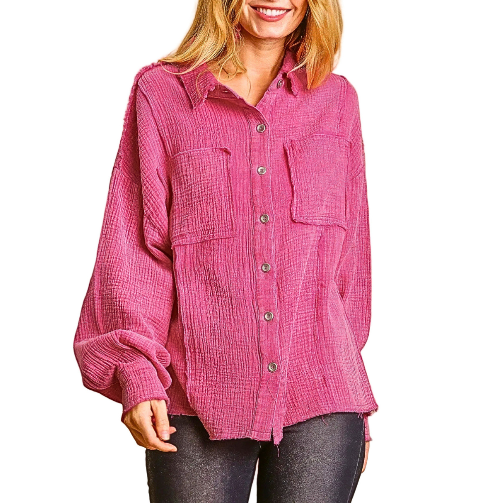 Umgee Shirt Mineral Wash Button-Down Top with High-Low Hem Long Sleeve Blouse