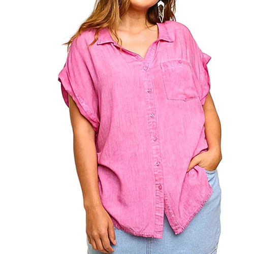 Umgee_Shirt_Plus_Size_Top_Pink_Washed_Button-Up_Short_Sleeve_Blouse_Front_Pocket