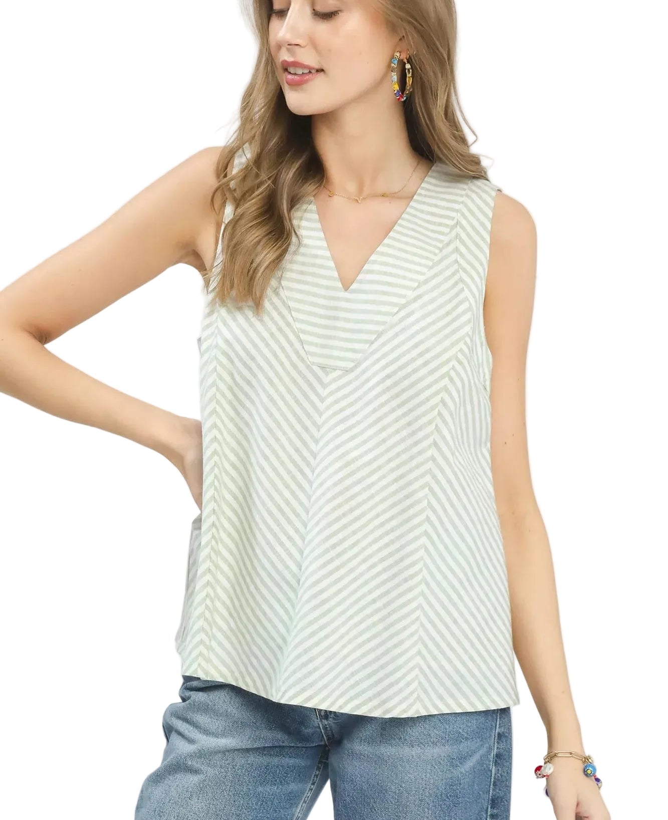 Umgee Sleeveless V-Neck Top Women’s Sage Mixed Stripe Casual Blouse S-L - Styleinger