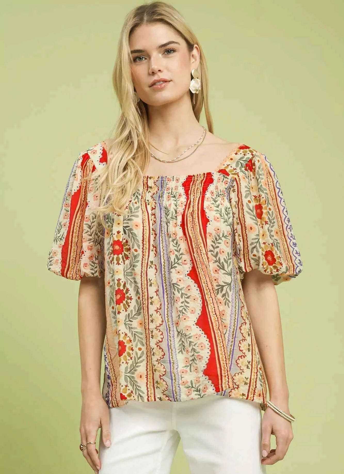 Umgee Smocked Blouse Red Patchwork Floral Puff Short Sleeve Top