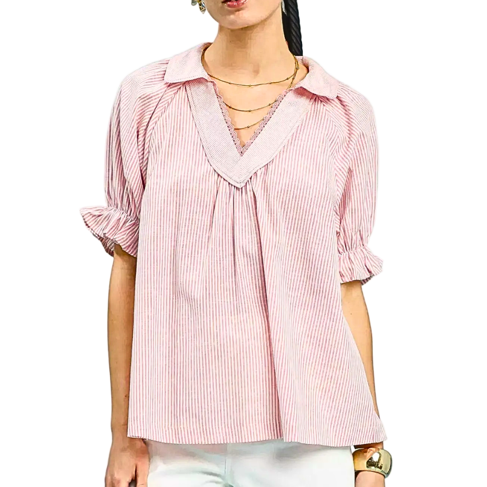 Umgee Stripe Blouse V-Neck Lace Trim Pink Ruffle Short Puff Sleeve Casual Top