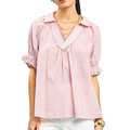 Umgee Stripe Blouse V-Neck Lace Trim Pink Ruffle Short Puff Sleeve Casual Top