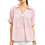 Umgee Stripe Blouse V-Neck Lace Trim Pink Ruffle Short Puff Sleeve Casual Top