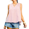 Umgee Striped Blouse V-Neck Trim Sleeveless Cotton Pink Casual Tank Top