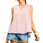 Umgee Striped Blouse V-Neck Trim Sleeveless Cotton Pink Casual Tank Top