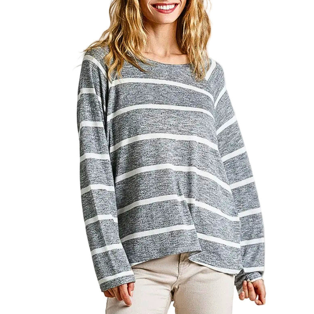 Umgee Striped Round Neck Long Sleeve Top Casual Loose Daily Blouse