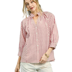 Umgee Striped Shirt Blouse Cotton V-Neck Button 3/4 Sleeve Casual Top Pink