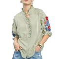 Umgee Striped Shirt Blouse Ruffle Button V-Neck Cotton Floral Embroidered Sleeve