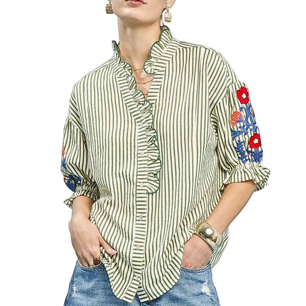 Umgee Striped Shirt Blouse Ruffle Button V-Neck Cotton Floral Embroidered Sleeve