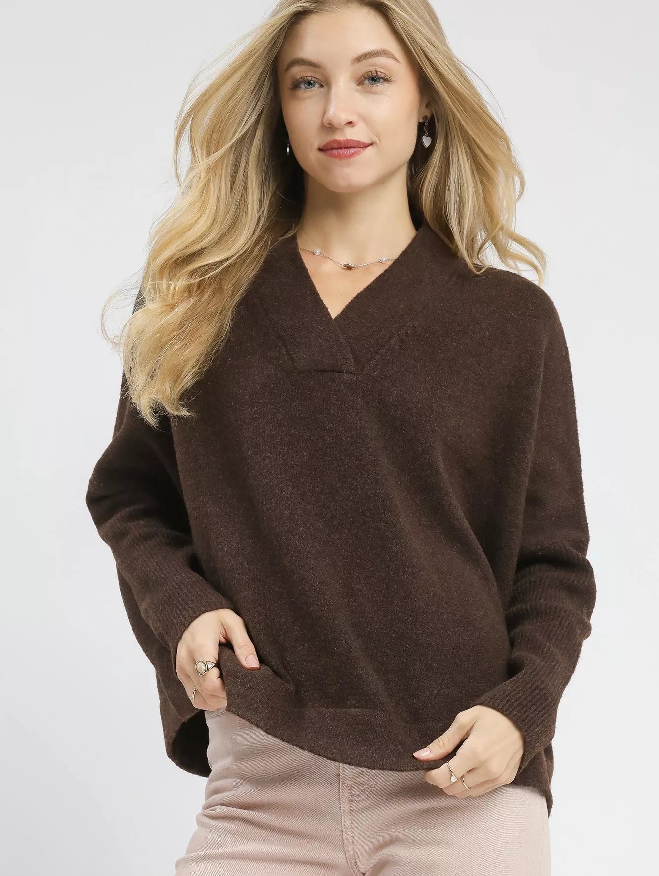 Umgee Sweater Brown V-Neck with Wide Trim Detail Ribbed Pullover ESPRESSO