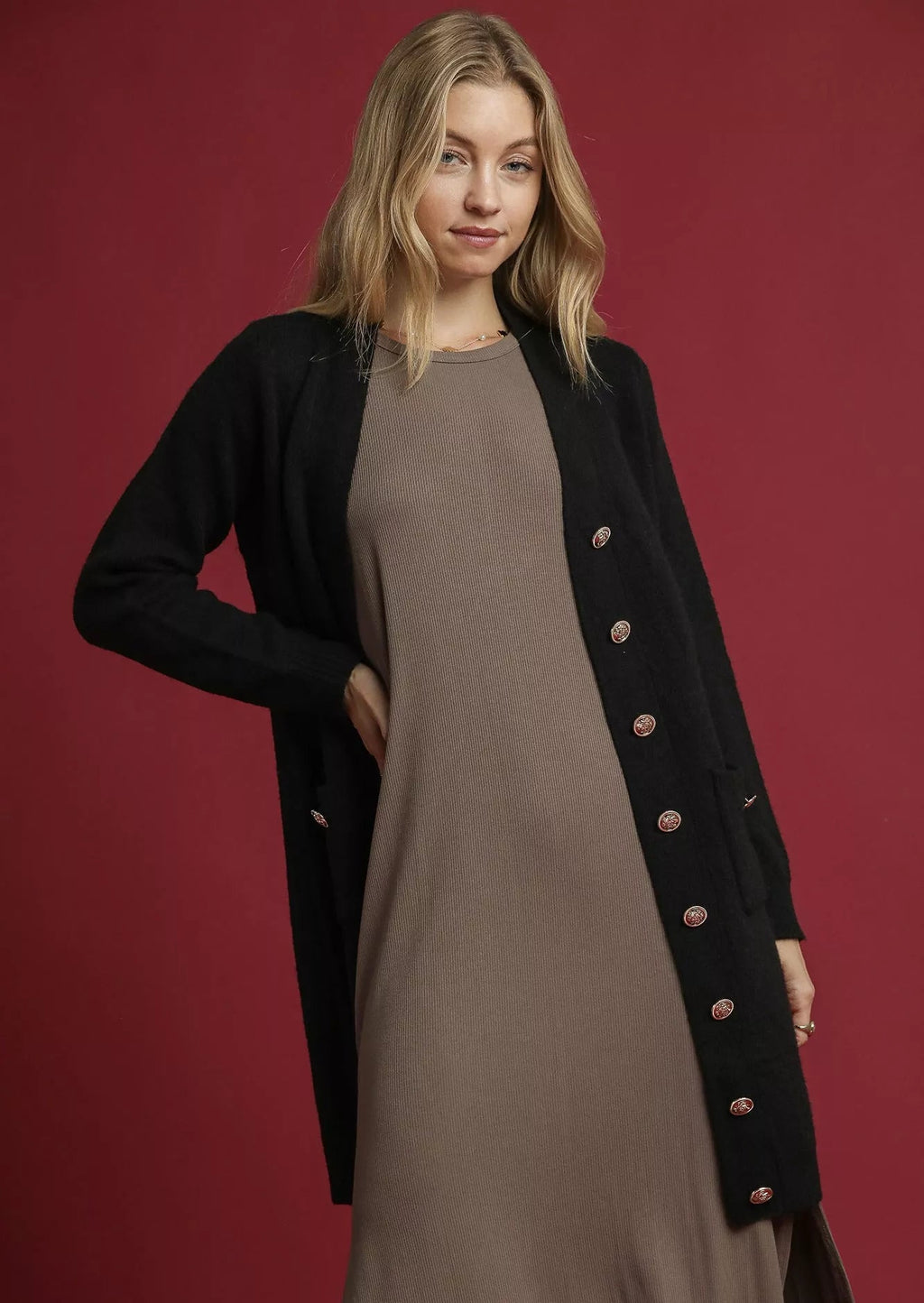 Umgee Sweater Cardigan Black Button Longline with Front Pockets Black Umgee_Sweater_Cardigan_Black_Button_Longline_with_Front_Pockets Trendsi