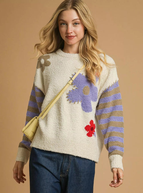 Umgee Sweater Cream Flower Jacquard Striped Long Sleeve Knit Pullover Cream