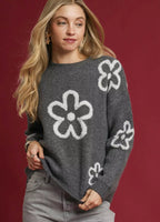 Umgee Sweater Gray Knit Round Neck with Floral Accents Pullover CHARCOAL Umgee_Sweater_Gray_Knit_Round_Neck_with_Floral_Accents_Pullover Trendsi