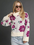 Umgee Sweater Womens Floral Cream Fucshia Patterned Mock Neck Pullover CREAM MIX Umgee_Sweater_Womens_Floral_Cream_Fucshia_Patterned_Mock_Neck_Pullover Trendsi