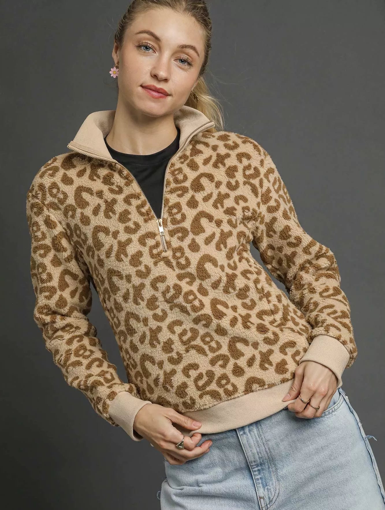 Umgee Sweatshirt Leopard Ecru Print Quarter-Zip Pocketed Top ECRU
