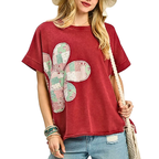 Umgee T-Shirt Bluse Baumwolle Rot Blumenstickerei French Terry Lässiges Weites Top