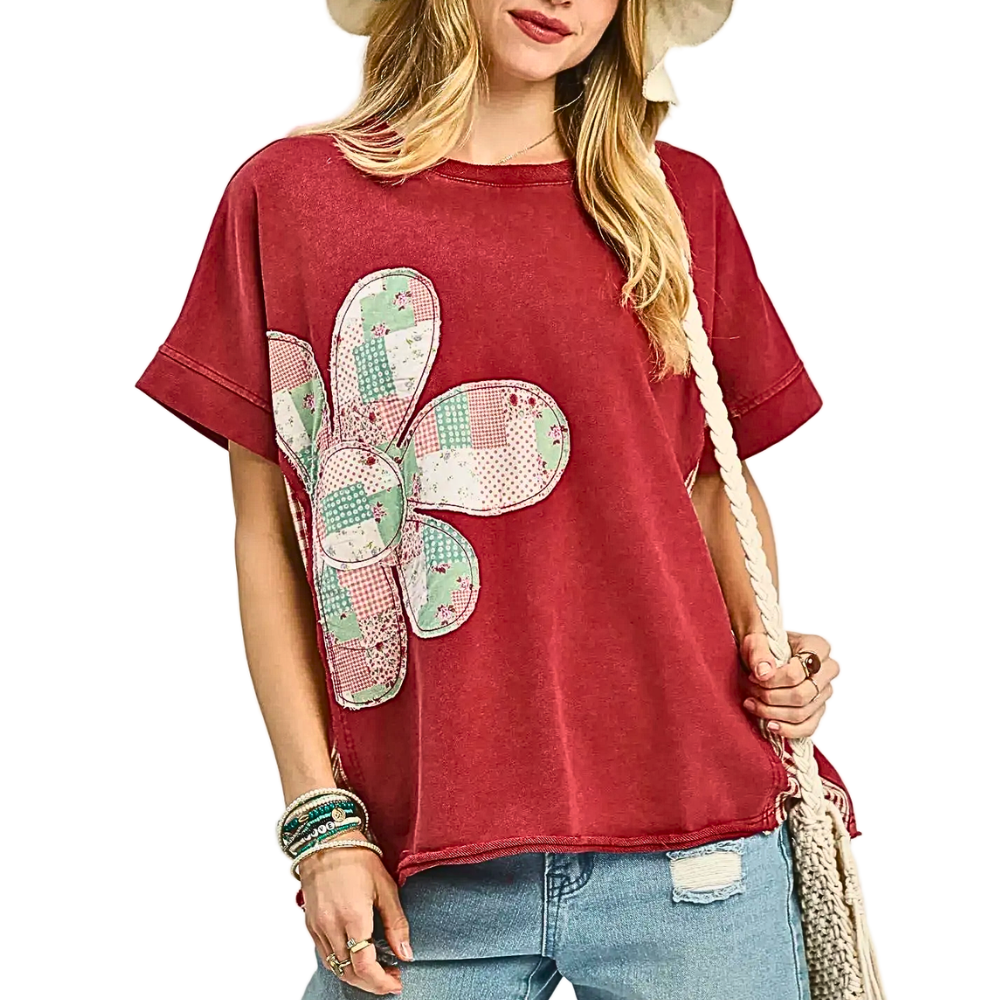 Umgee T-shirt Blouse Cotton Red Flower Patch French Terry Casual Loose Top