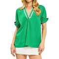 Umgee Textured Blouse Green V-Neck Lace Embroidery Trim Ruffle Short Sleeve Top