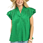 Umgee Textured Blouse V-Neck Split Green Flutter Short Sleeve Casual Ruffle Top