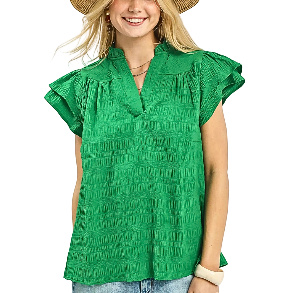 Umgee Textured Blouse V-Neck Split Green Flutter Short Sleeve Casual Ruffle Top