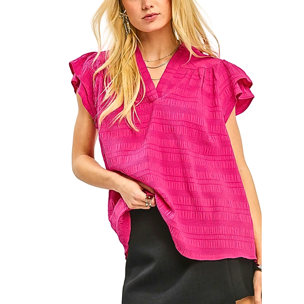 Umgee Textured Blouse V-neck Flutter Short Sleeve Fuchsia Hot Pink Ruffle Top