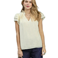Umgee Textured Cream Blouse Floral Lace Trim Ruffle Casual V-Neck Top