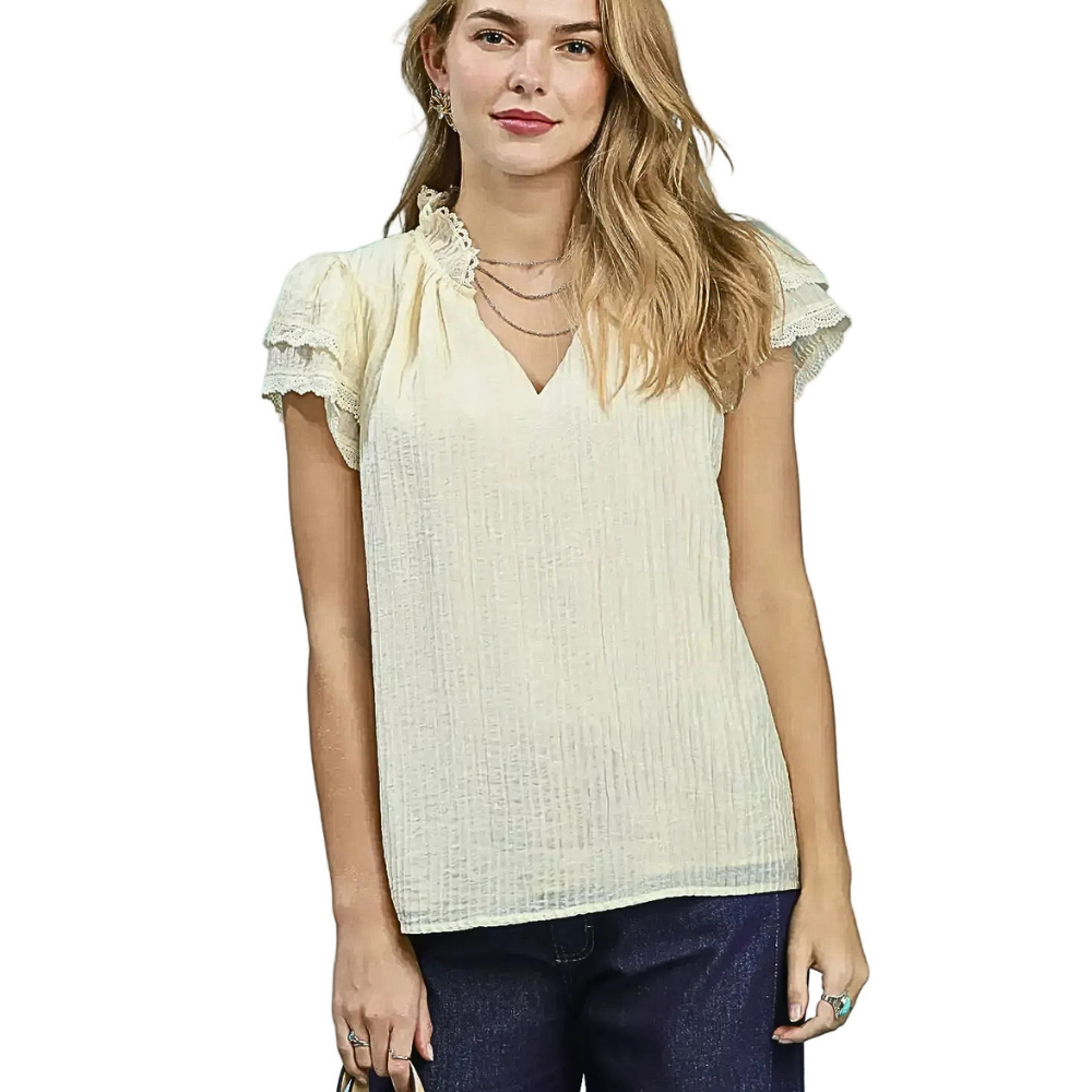 Umgee Textured Cream Blouse Floral Lace Trim Ruffle Casual V-Neck Top