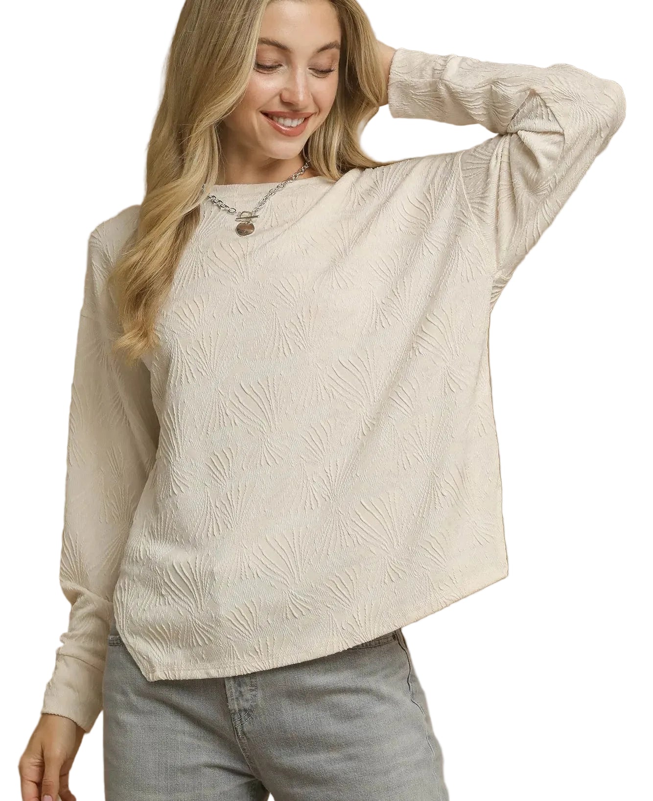 Umgee Textured Knit Top Ecru Long Sleeve Women’s Oversized Casual Knit Pullover - Styleinger