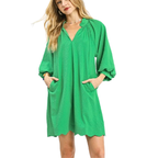 Umgee Textured Mini Dress Green V-Neck Ruffle Loose Casual Short Sleeve with Pockets