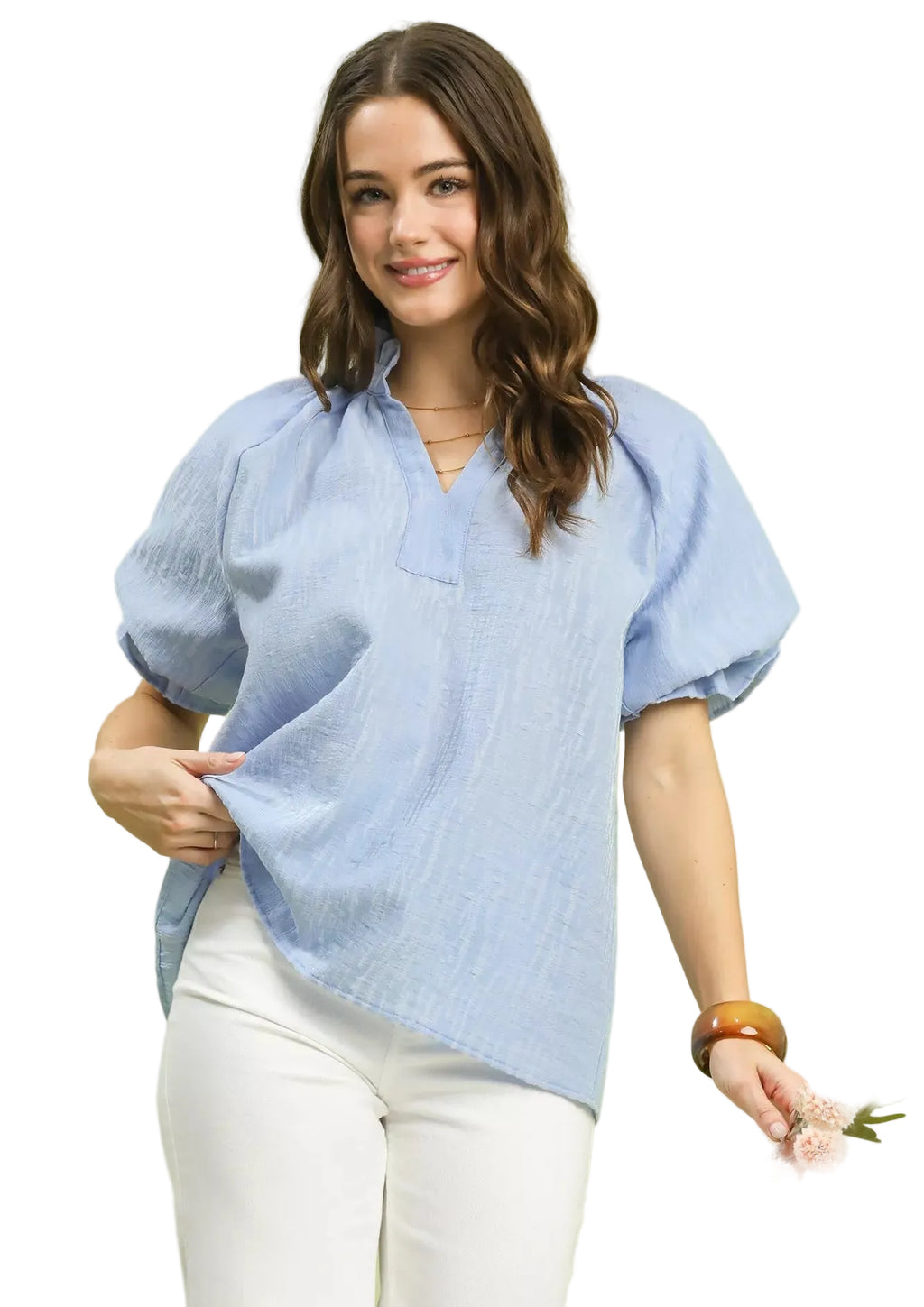 Umgee Textured Puff Sleeve Split Neck Top