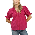 Umgee Textured Shirt Blouse Hot Pink Button-Front Puff Short Sleeve Casual Top