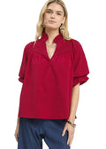 Umgee Textured Smocked Yoke Split-Neck Top – Women’s Boho Casual Knit Shirt