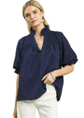 Umgee Textured Smocked Yoke Split Neck Top Women’s Short Puff Sleeve Blouse