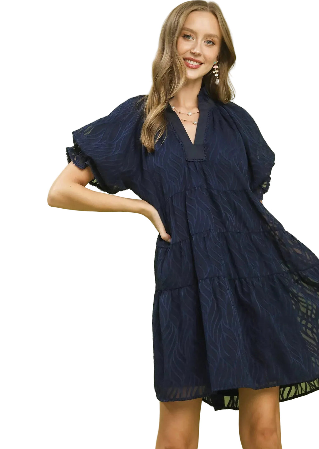 Umgee Textured Tiered Ruffle Collar Mini Dress Women’s Boho Ruffle A-Line