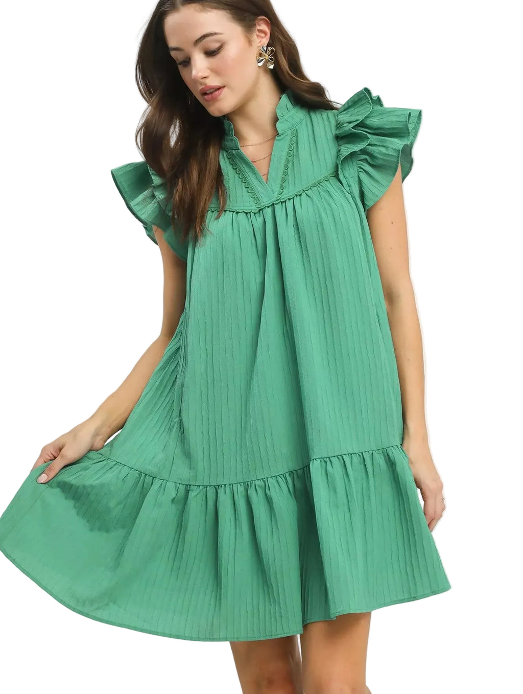 Umgee Tiered Mini Dress Green Women’s V‑Neck Ruffled Flutter Short Sleeve - Styleinger