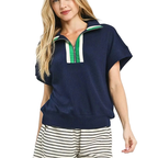 Umgee Top Navy Stripe Textured Blouse 1/2 Zip High Neck Trim Short Sleeve Rib