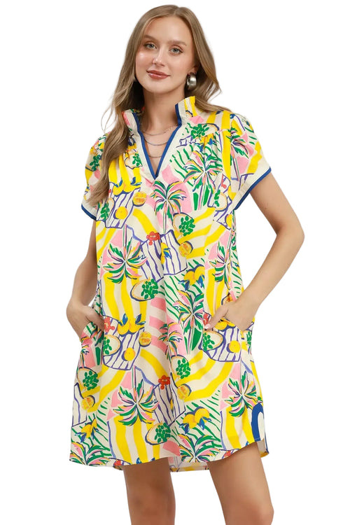 Umgee Tropical Print Collared Shift Mini Dress | Lemon Mix | S–L | Styleinger