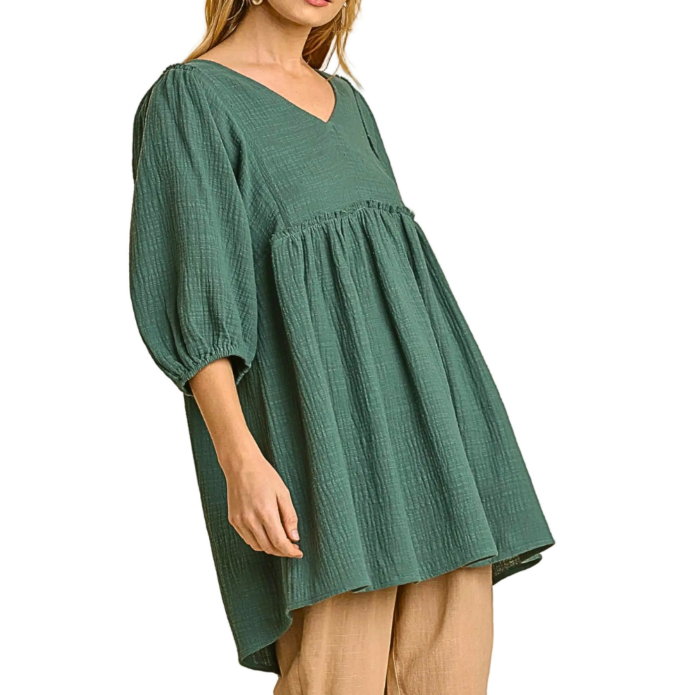 Umgee Tunic Mini Dress Gauze Slub V-neck Long Sleeve with Frayed Ruffle Edge