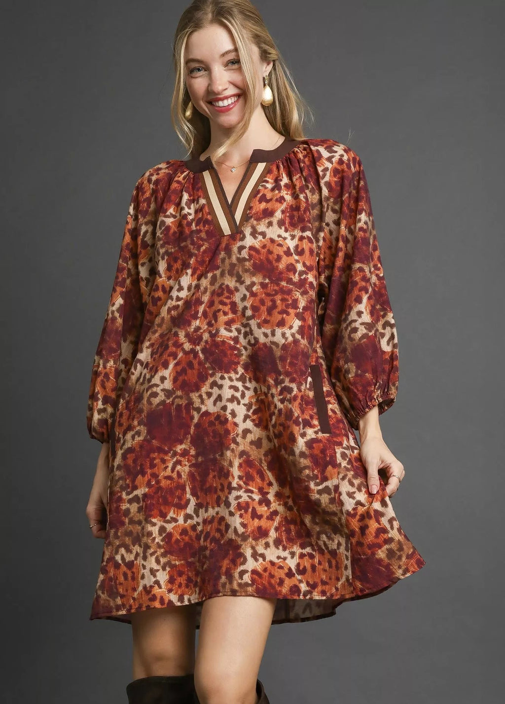 Umgee Tunic Short Dress Animal Floral Print Boho with Contrast Trim LATTE Umgee_Tunic_Short_Dress_Animal_Floral_Print_Boho_with_Contrast_Trim Trendsi