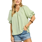 Umgee USA Babydoll Bluse Vichy-Karo Salbeigrün V-Ausschnitt Rüschen Kurzarm Top