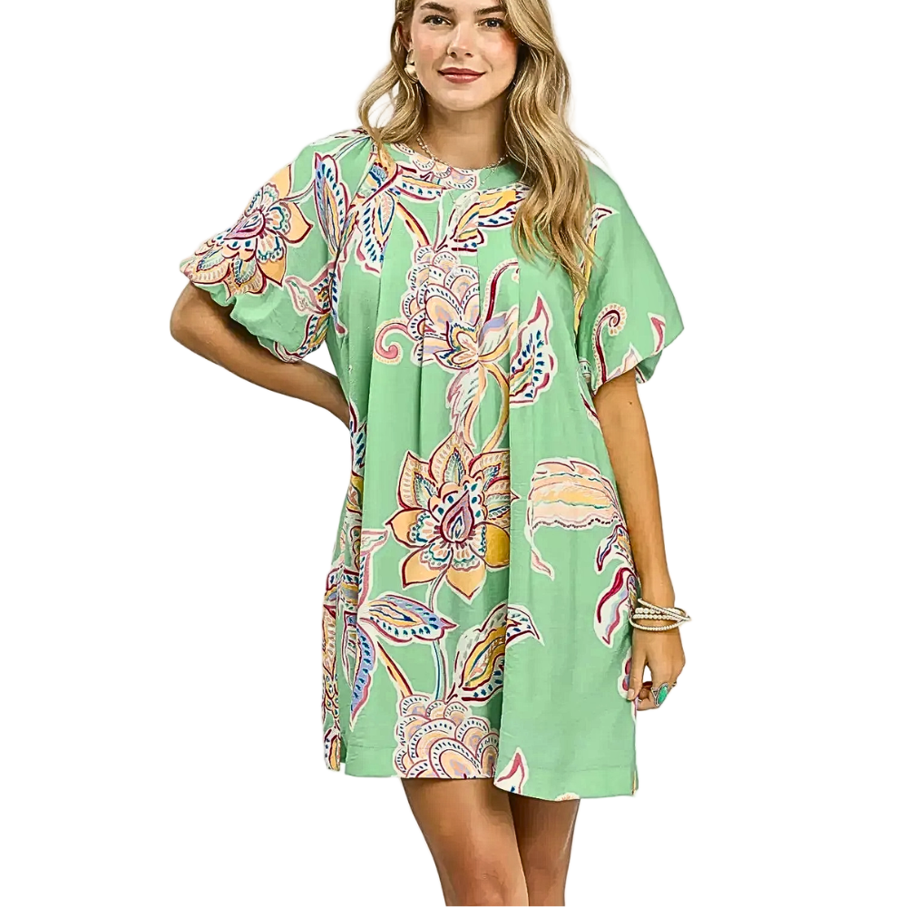 Umgee USA Babydoll Mini Dress Boho Floral Green Print Ruffle Ballon Short Sleeve