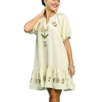 Umgee USA Babydoll Mini Dress Ecru Floral Embroidered V-Neck Ruffle Short Sleeve