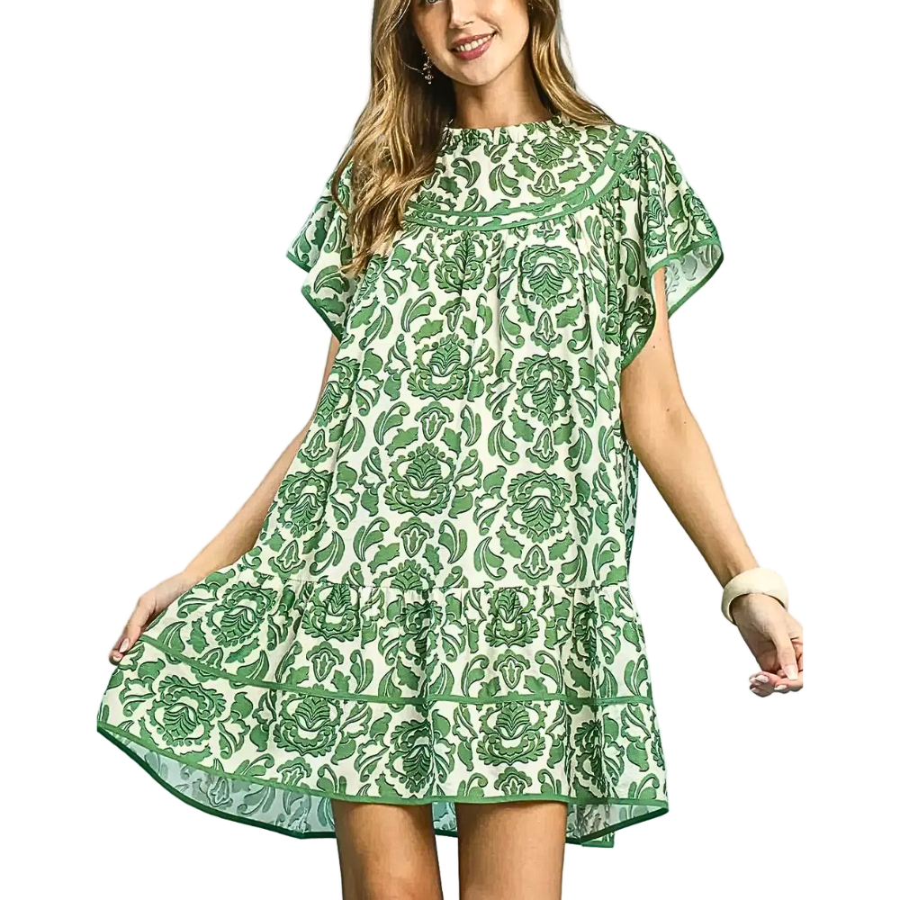 Umgee_USA_Babydoll_Mini_Dress_Flora_Green_Print_Ruffled_Round_Neck_Short_Sleeve